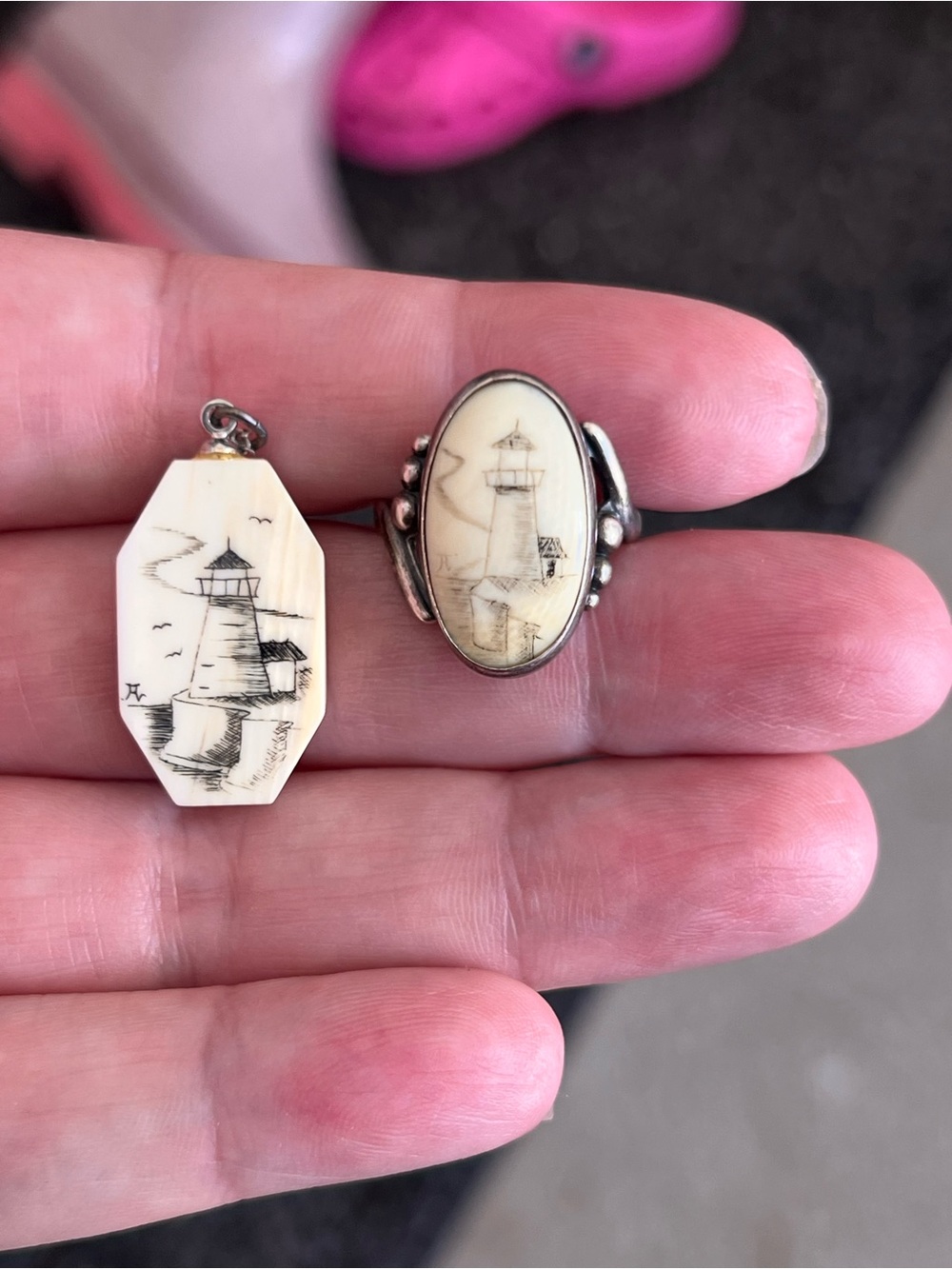 Vintage 1980s Hand-Etched Scrimshaw Lighthouse Jewelry Set!